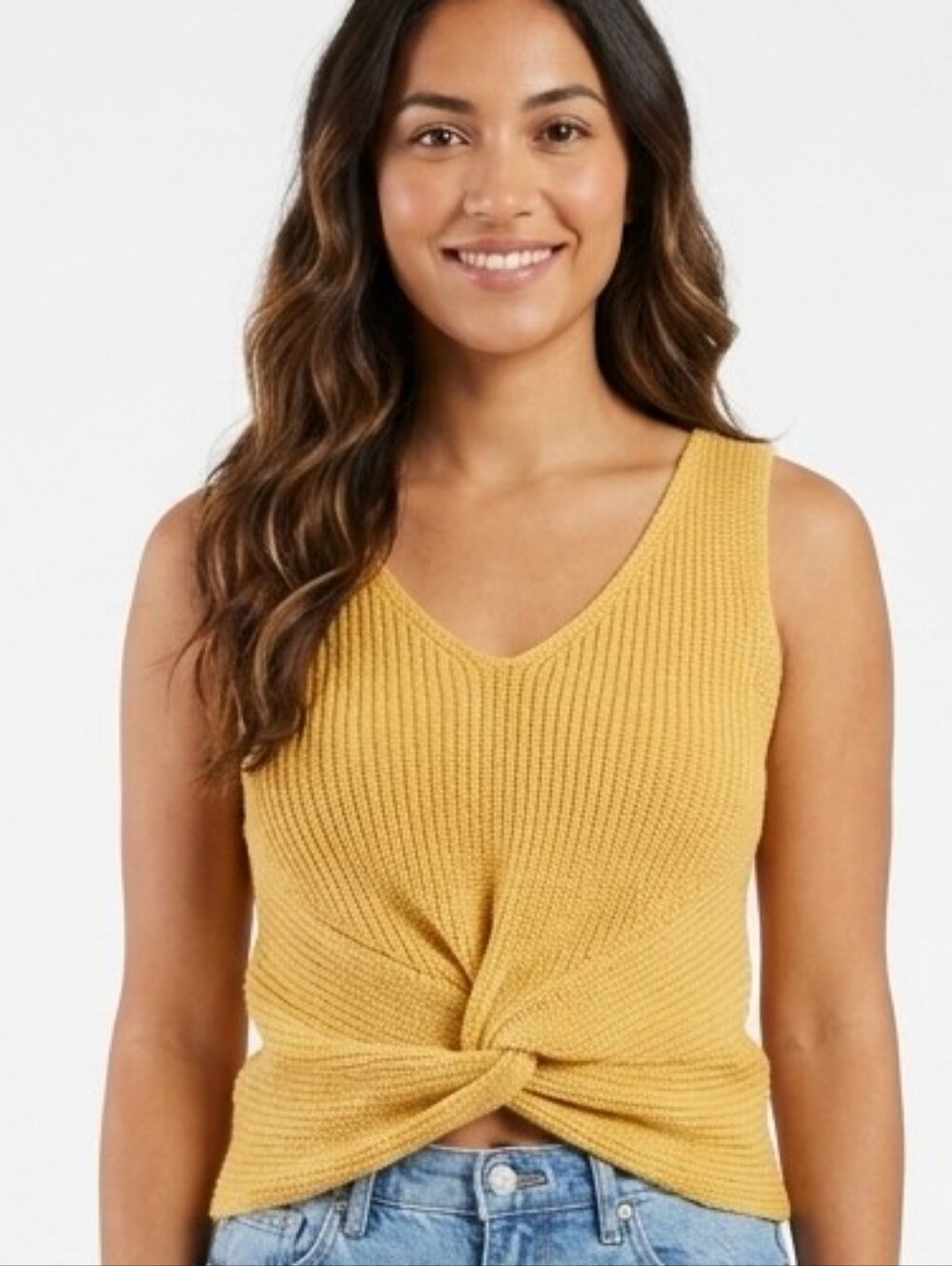 moon & madison Mustard Knit Twist-Front Tank